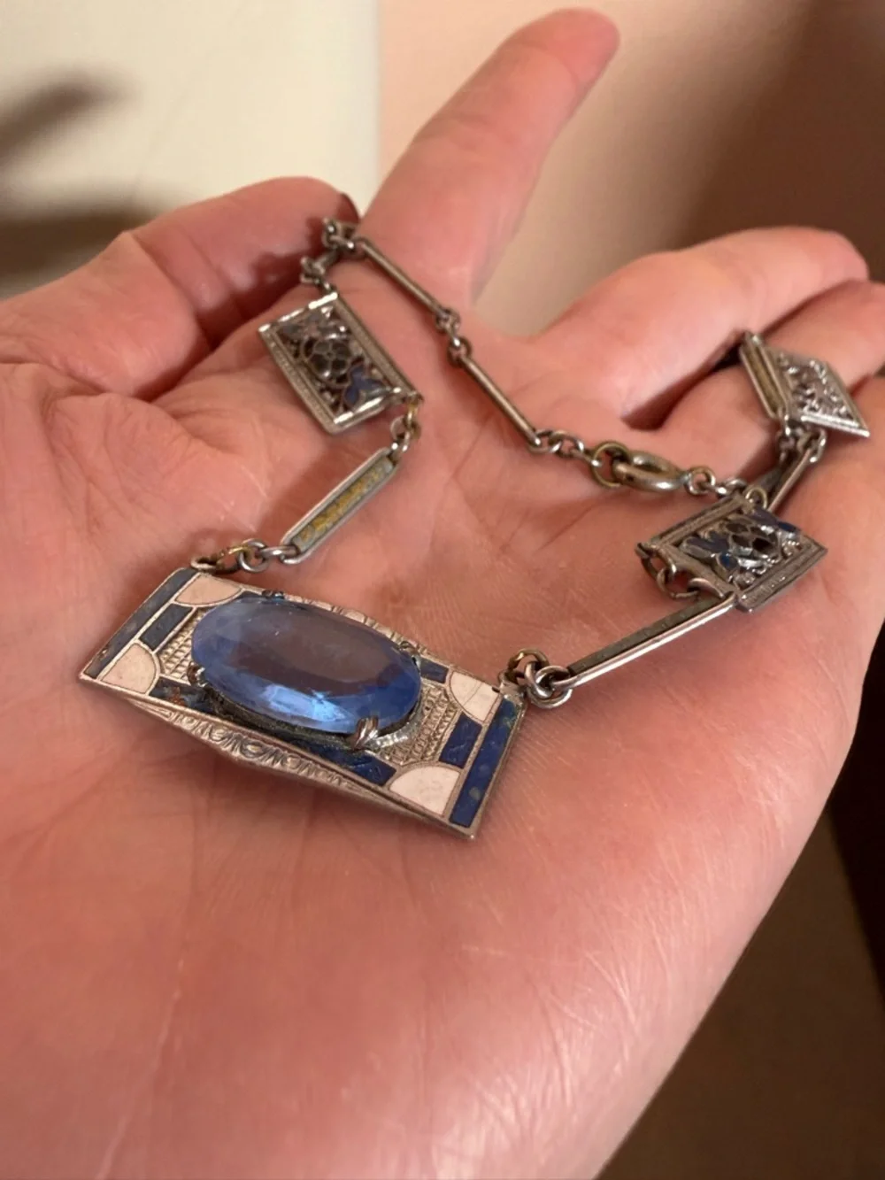 Antique Art Deco 1920 Blue Checho Glass Guilloche enamel choker Necklace - Picture 12 of 17
